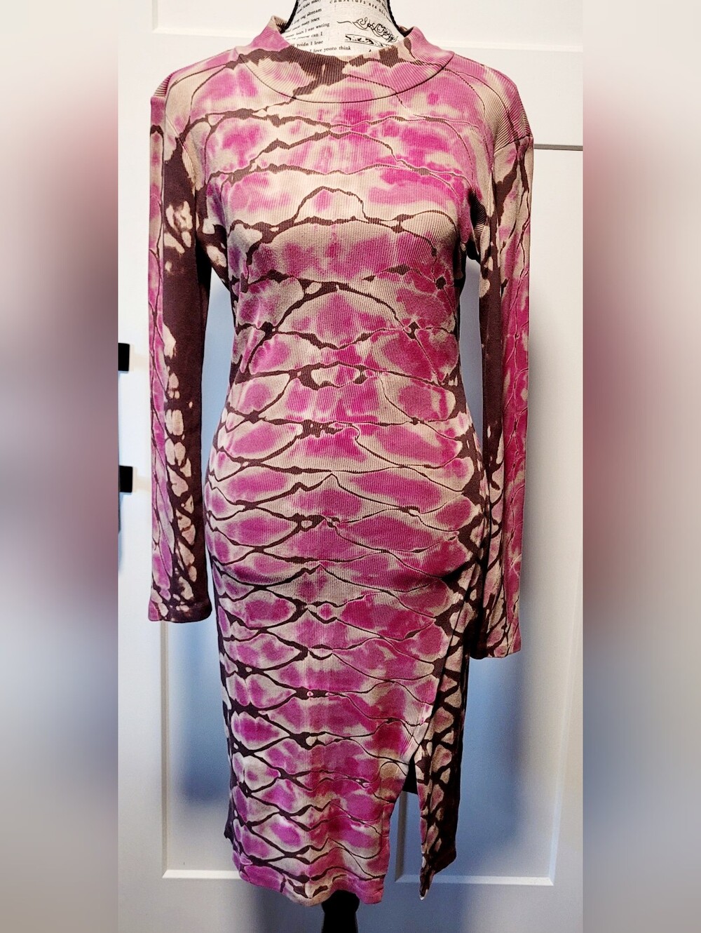 YFB Womens Ribbed Knit Sheath Dress Sz S Pink Brown Beige Tie Dye Hippie Concert